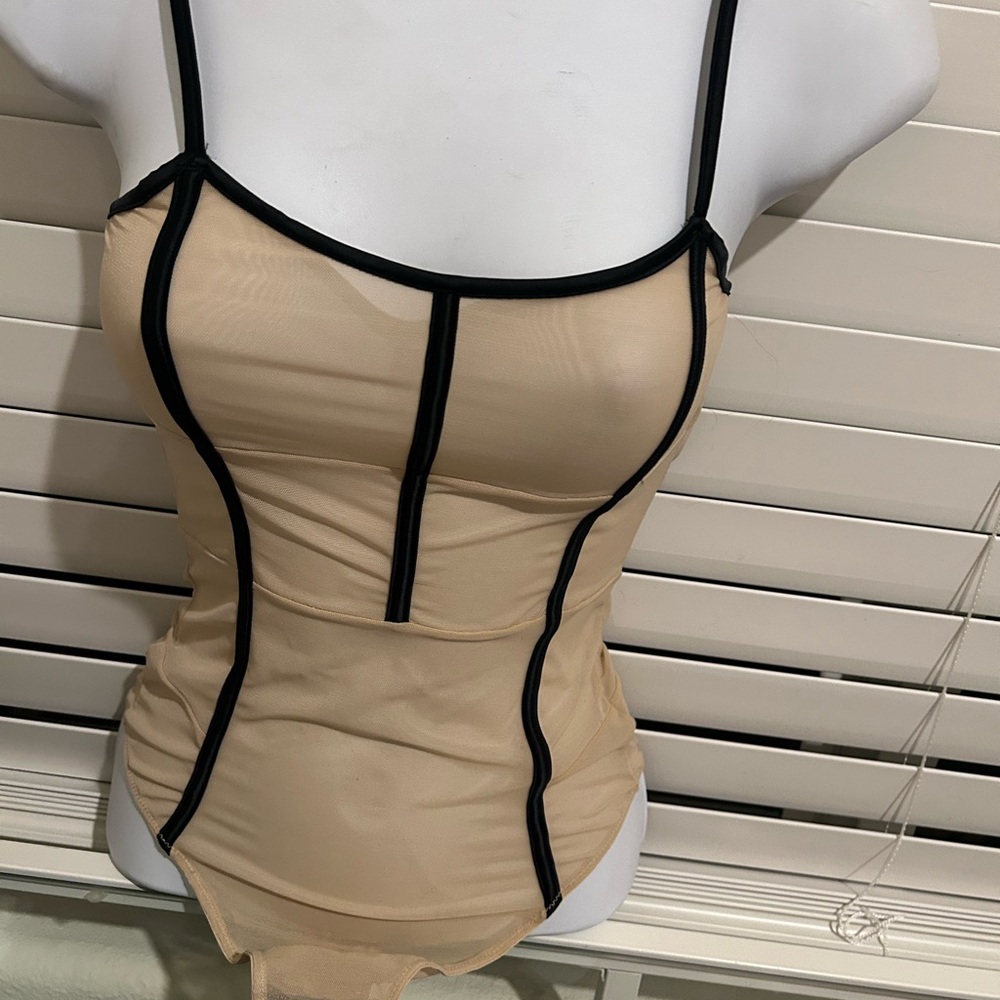 Stylish Beige Chemise with Black Trim
